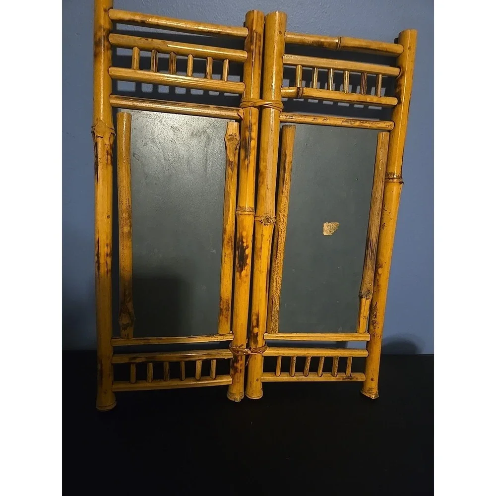VTG Bamboo Rattan‎ Tabletop Vanity Mirror Folding 2 Sides Jewelry Holder Boho